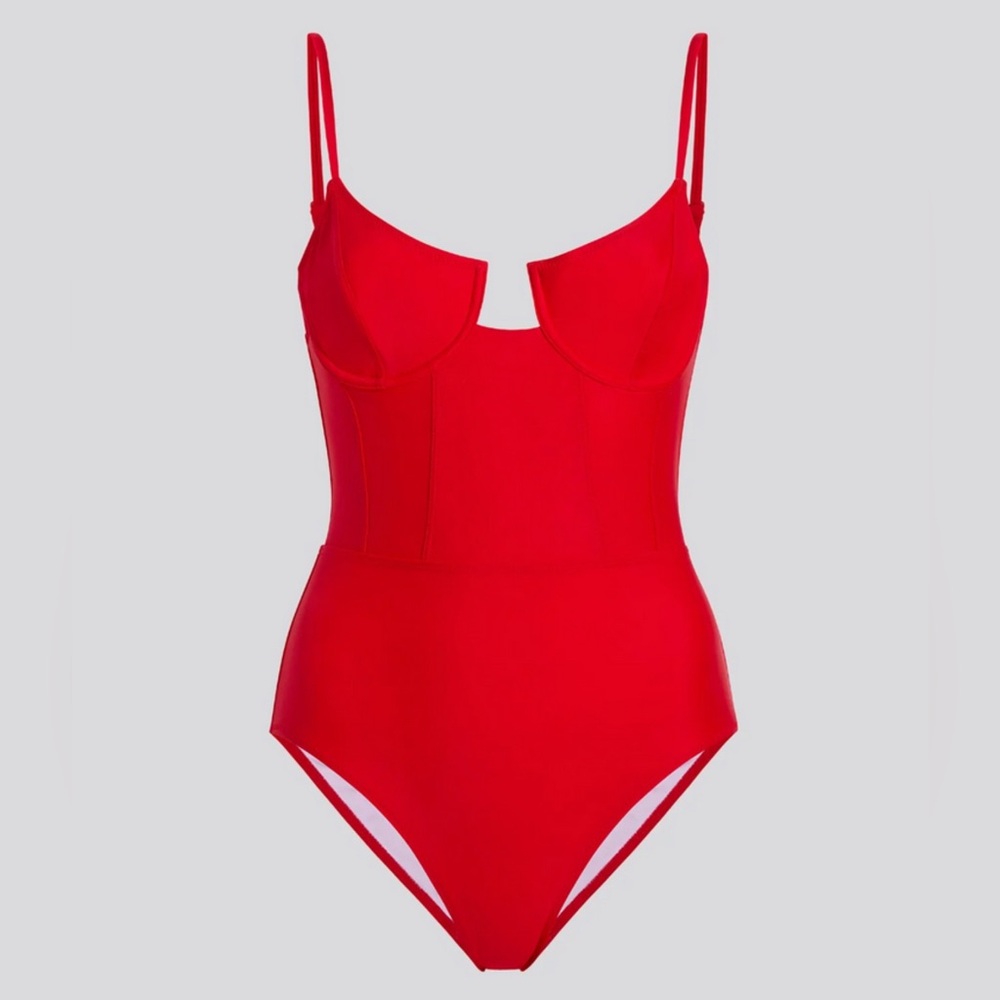 New Solid & Striped Red One Piece Swimsuit With K… - image 1